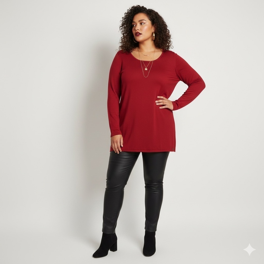 Tahari T Women Knit Tunic Top Hig-Low Festive Corporate Modest Plus Size 1X Red